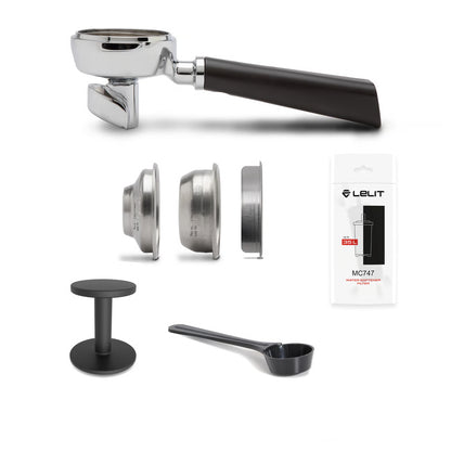 Coffee brewing components including a portafilter, group head, and scoop with Lelit branding.