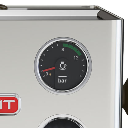 Lelit coffee machine with a pressure gauge displaying bar pressure.