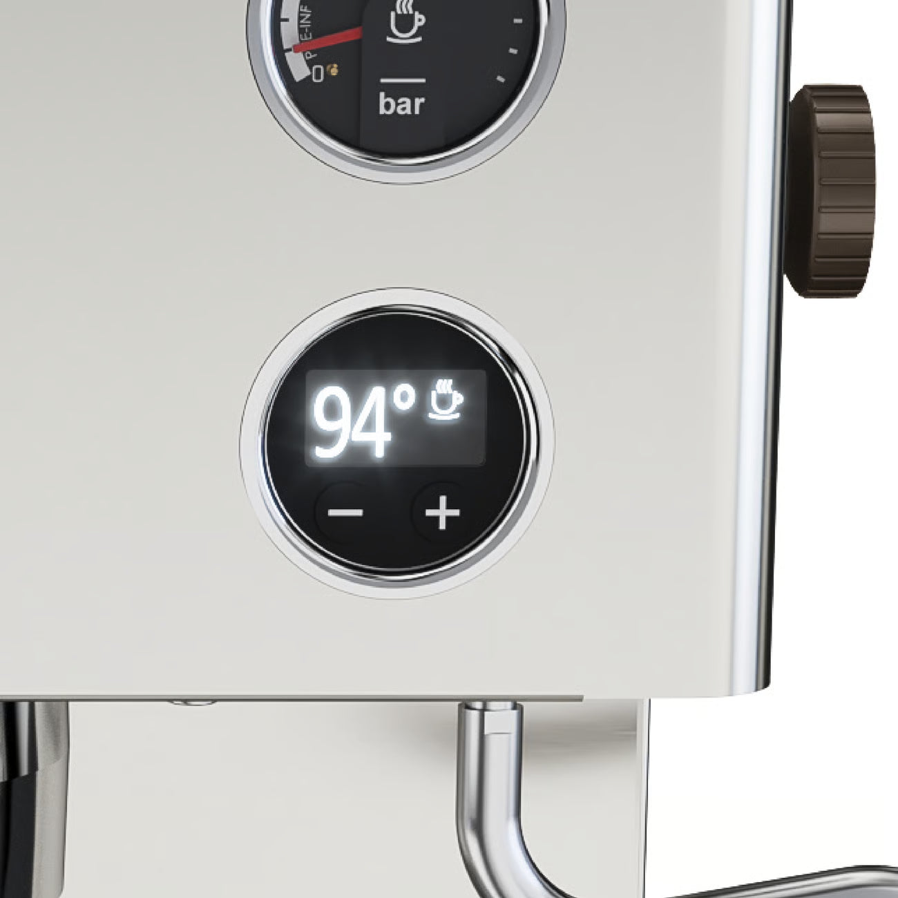 Digital display on a coffee machine showing temperature and pressure levels.