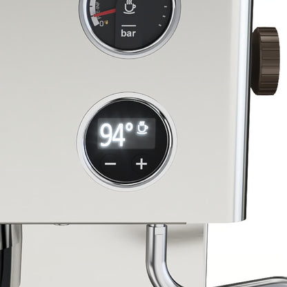 Digital display on a coffee machine showing temperature and pressure levels.