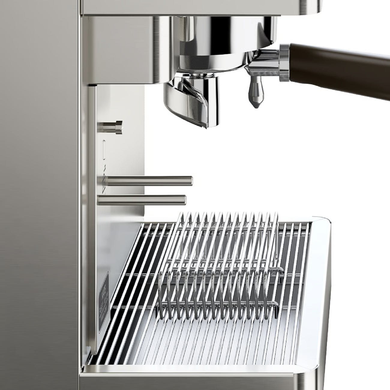 Close-up of a stainless steel espresso machine with a white background