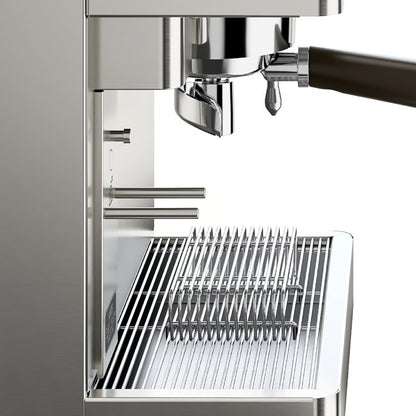 Close-up of a stainless steel espresso machine with a white background