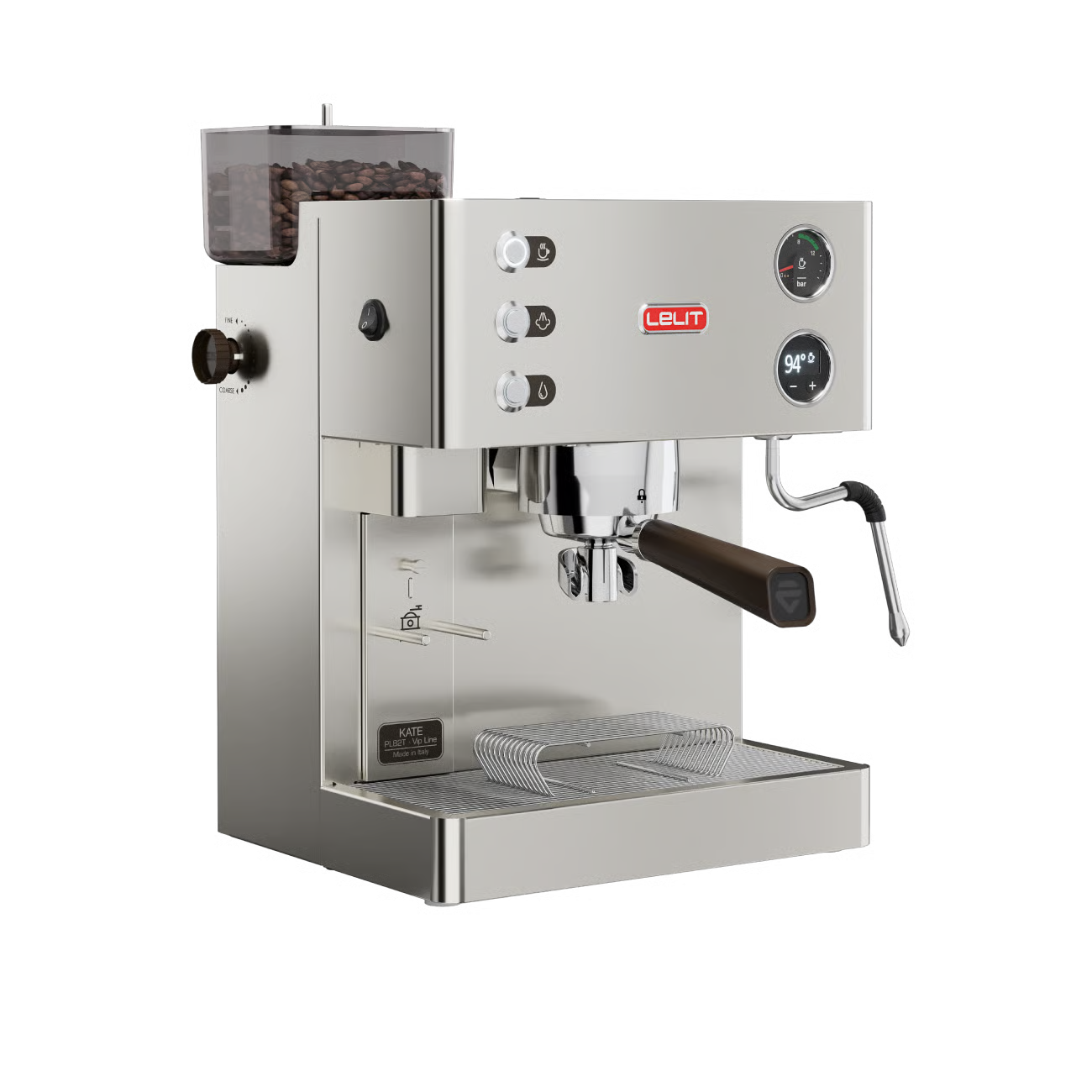 Stainless steel espresso machine with a clear container of coffee beans on a gray background