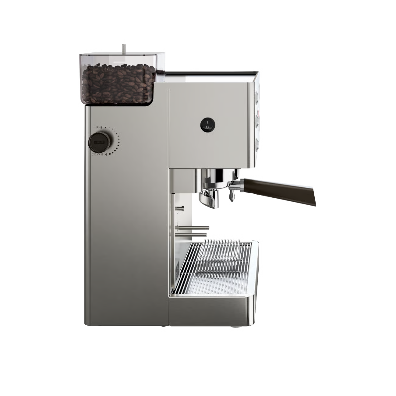 Stainless steel coffee grinder on a white background