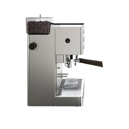 Stainless steel coffee grinder on a white background