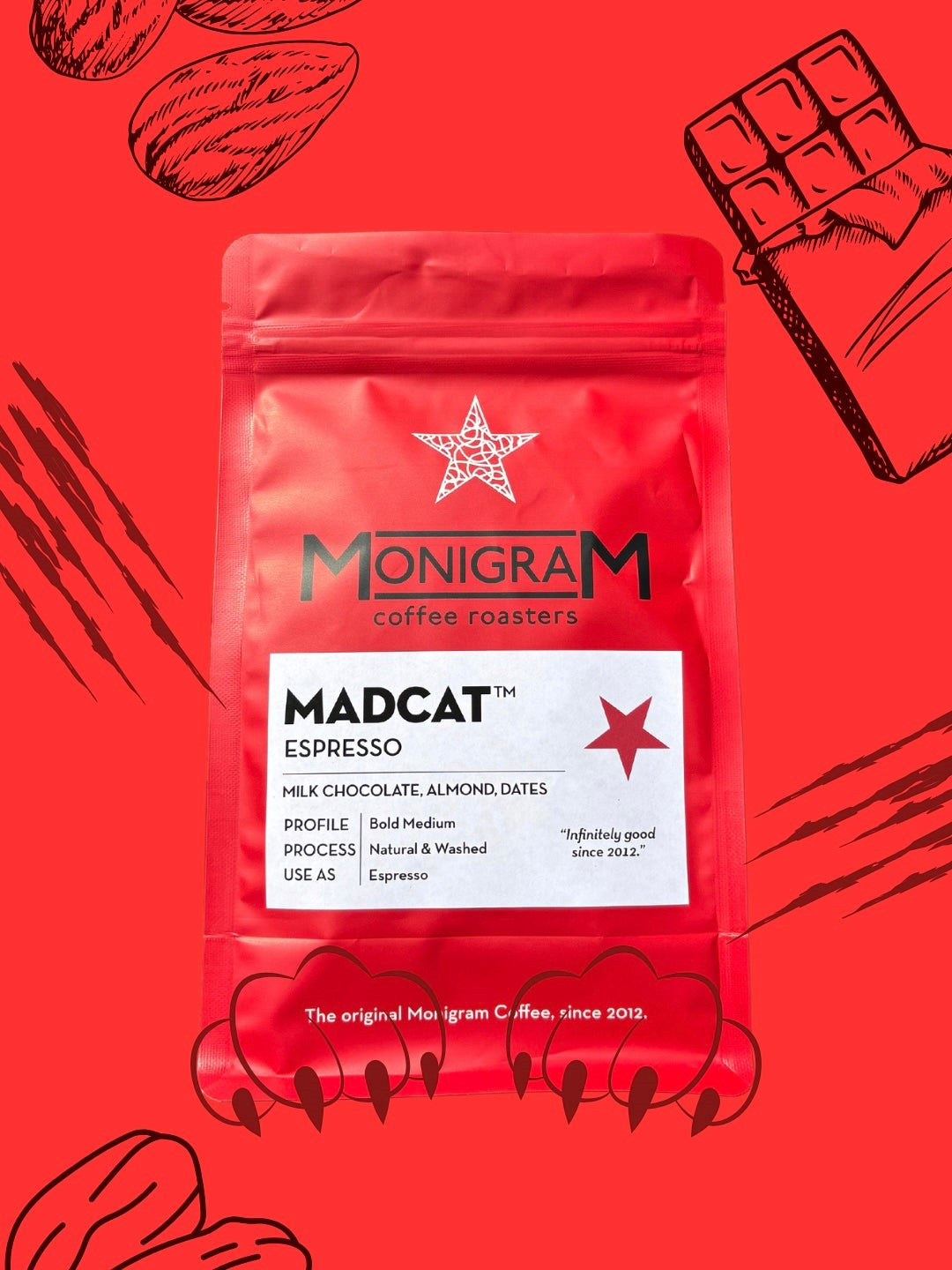Monigram coffee roasters Madcat Espresso package on a red background with illustrations of almonds and chocolate.