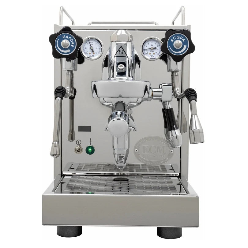 Stainless steel espresso machine with a steam wand, hot water spout and black knobs on a white background.