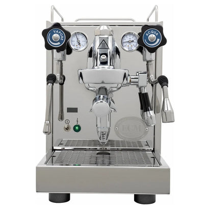 Stainless steel espresso machine with a steam wand, hot water spout and black knobs on a white background.