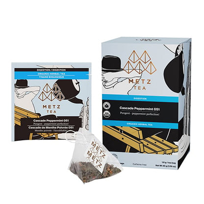 Metz Tea packaging including box, bag, and teabag on a white background