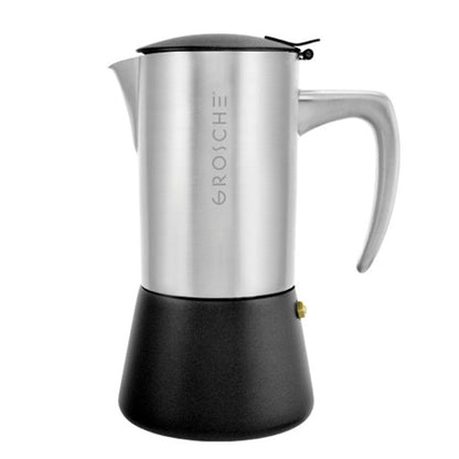 Stainless steel coffee maker with black base on a white background