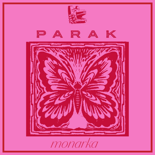 Pink album cover art for 'monarka' by the band 'PARAK', featuring a central butterfly graphic in dark magenta and a small bird logo at the top.