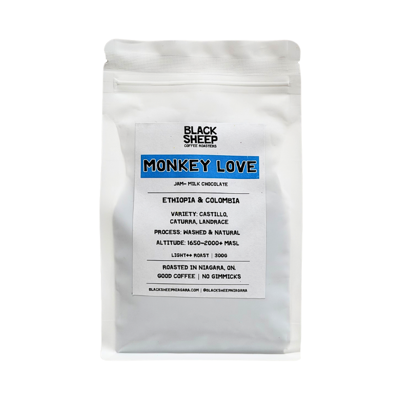 A white stand-up pouch of Black Sheep Coffee Roasters 'Monkey Love' coffee on a clean white background.