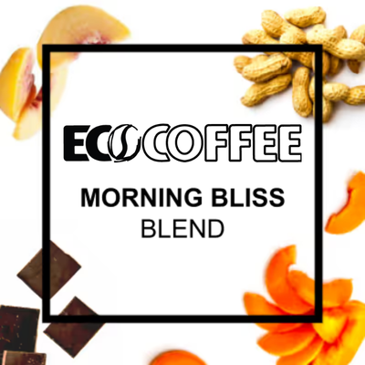 A square graphic for ECO COFFEE's 'Morning Bliss Blend' featuring the brand name and product name in black text on a white background, surrounded by decorative coffee-flavored ingredients including peanuts, chocolate pieces, and orange slices.