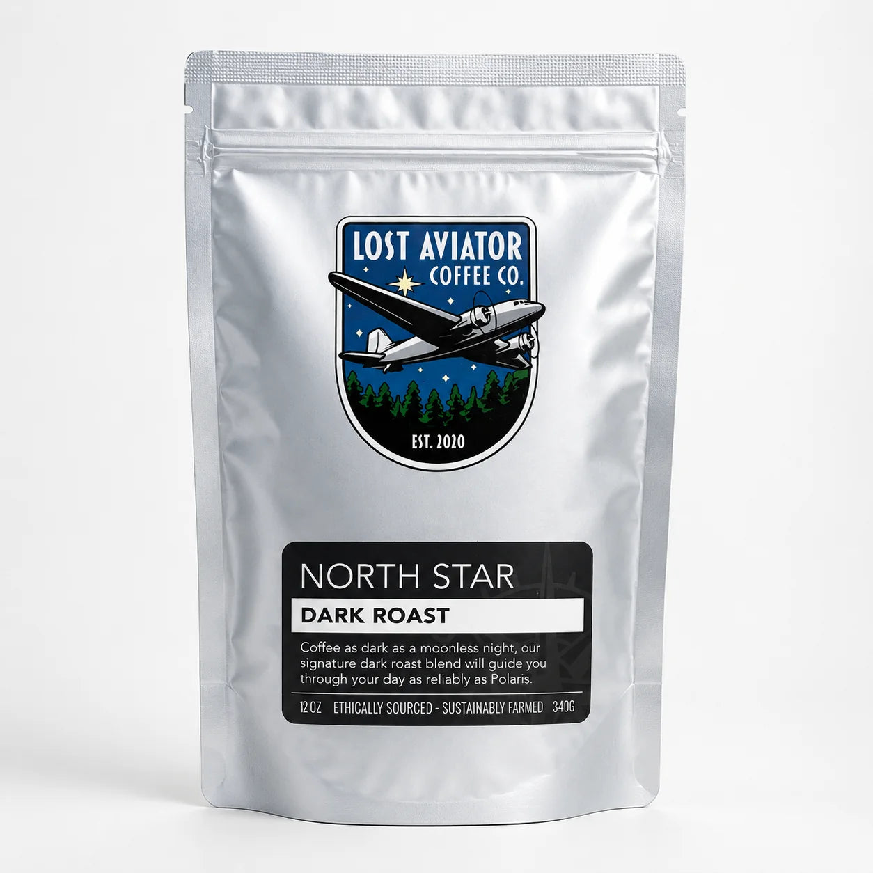 A silver stand-up coffee pouch for Lost Aviator Coffee Co. featuring a black label that reads 'NORTH STAR DARK ROAST' and a central logo with an airplane and trees, photographed on a clean white background.