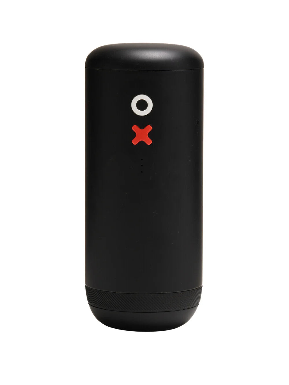 Black cylindrical device with a white circle and red 'X' on a white background
