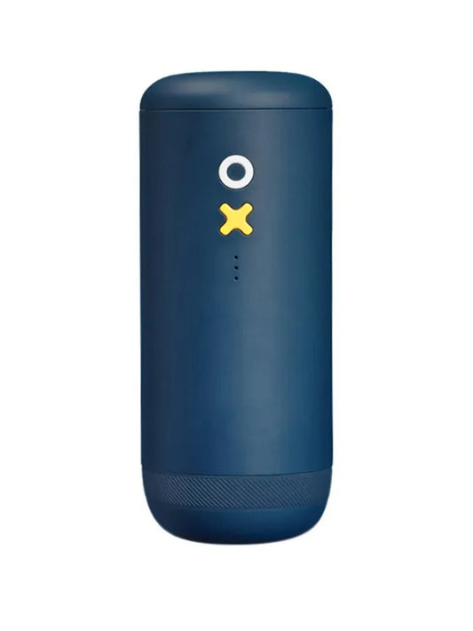 Blue cylindrical device with a white circle and yellow 'X' on a white background