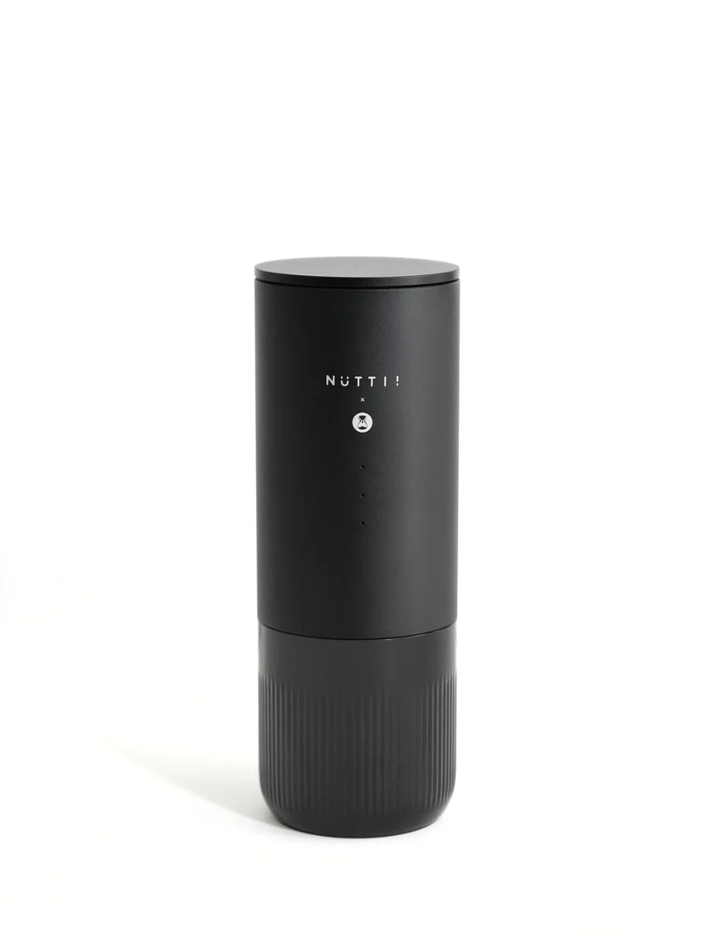 Black portable espresso machine in closed position with 'NUTTII' branding on a white background