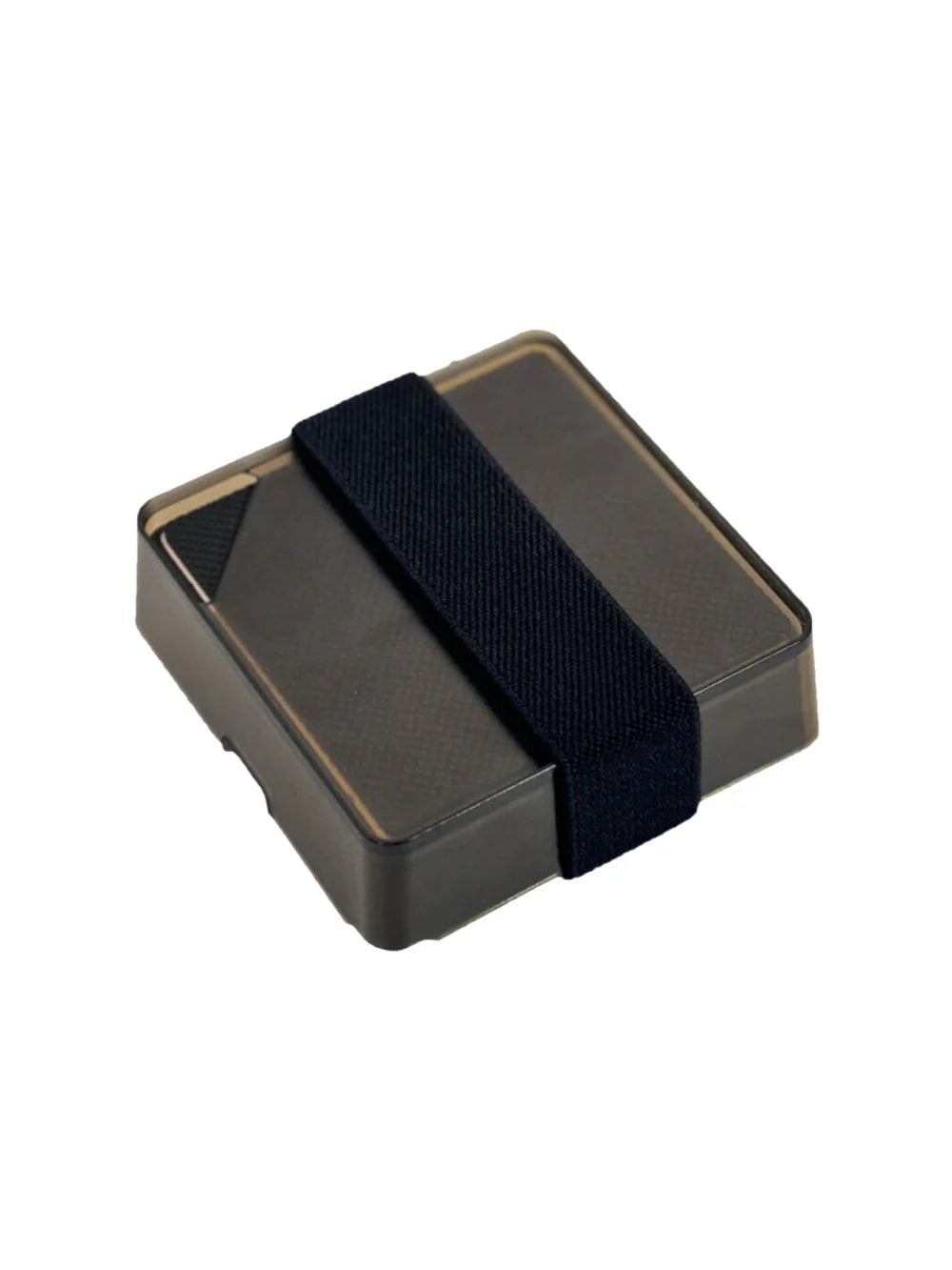 Black rectangular device with a black strap on a white background