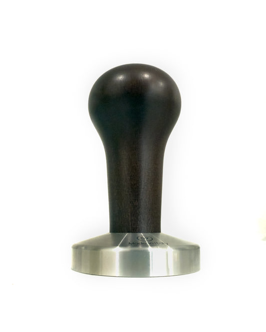 57mm coffee tamper with dark wood handle and stainless steel flat base.