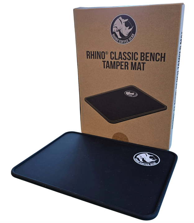 Rhino Classic Bench Tamper Mat 8x6 with branded box on a white background