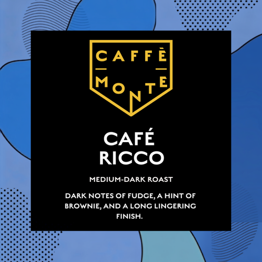 A square black label or package face with the Caffé Monte logo in gold at the top and the text 'Café Ricco' in large white letters, plus roast and flavor notes below, set against a blue abstract patterned background.