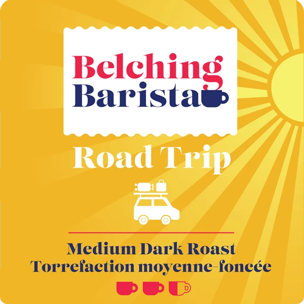 A square coffee label or package design with a bright yellow sunburst background. A white stamp-like panel at the top reads 'Belching Barista' in red and navy text, with a small coffee cup icon.