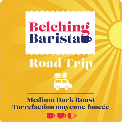 A square coffee label or package design with a bright yellow sunburst background. A white stamp-like panel at the top reads 'Belching Barista' in red and navy text, with a small coffee cup icon.