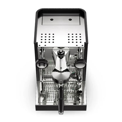 Espresso machine with a black and chrome exterior on a white background