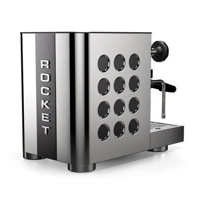 Rocket Appartamento TCA Chrome Black Back Design Coffee machine with 'Rocket' branding on a white background