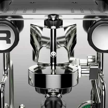 Rocket Appartamento TCA Chrome Black E61 Close-up of a coffee grinder with a brand logo on a gray background