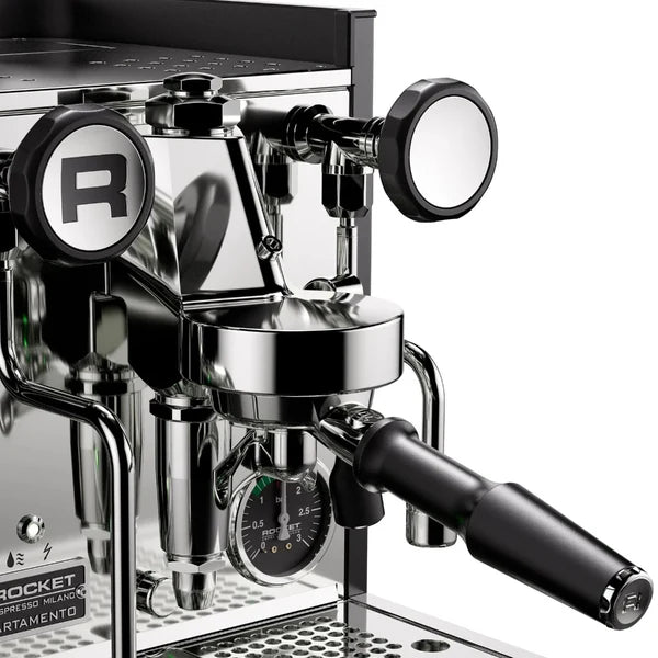 Rocket Appartamento TCA Chrome Black Front Espresso machine with a brand logo on a black background