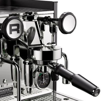 Rocket Appartamento TCA Chrome Black Front Espresso machine with a brand logo on a black background