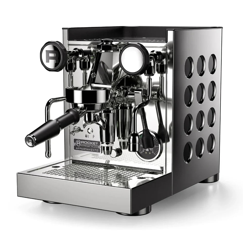 Rocket Appartamento TCA Chrome Black Side Angle Espresso machine with metallic finish on a white background