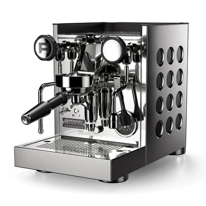 Rocket Appartamento TCA Chrome Black Side Angle Espresso machine with metallic finish on a white background