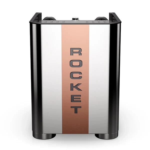 Rocket Appartamento TCA Chrome Copper Back view of Coffee machine with 'ROCKET' branding on a white background