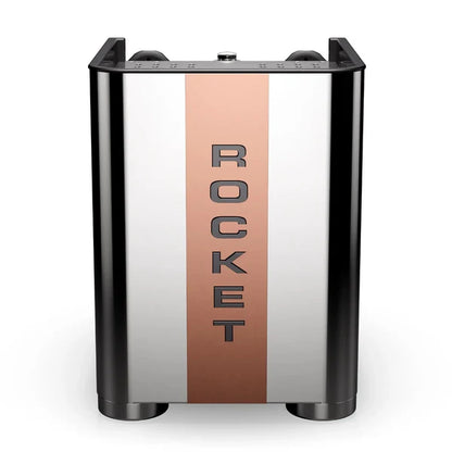 Rocket Appartamento TCA Chrome Copper Back view of Coffee machine with 'ROCKET' branding on a white background