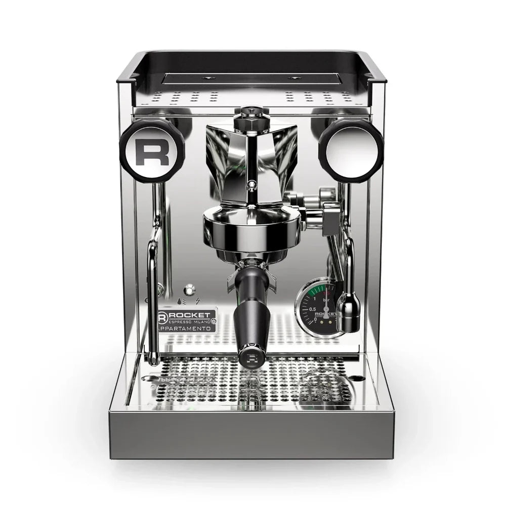 Rocket Appartamento TCA Chrome Front Espresso machine with 'Rocket' branding on a white background
