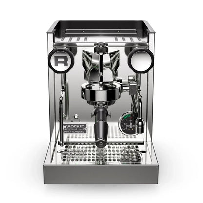 Rocket Appartamento TCA Chrome Front Espresso machine with 'Rocket' branding on a white background