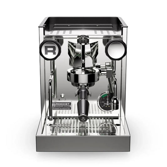 Rocket Appartamento TCA Chrome Front Espresso machine with 'Rocket' branding on a white background
