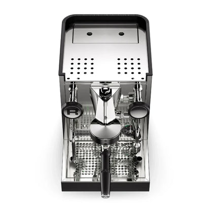 Top view of an espresso machine with a white background