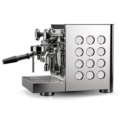 Rocket Appartamento TCA Chrome White Side Angle Espresso machine with a white background
