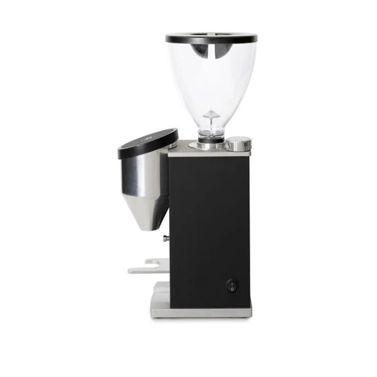 Rocket Faustino 3.1 Black Side Coffee grinder with clear container on a white background