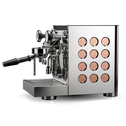 Rocket Appartamento TCA Chrome Copper Espresso machine with a white background