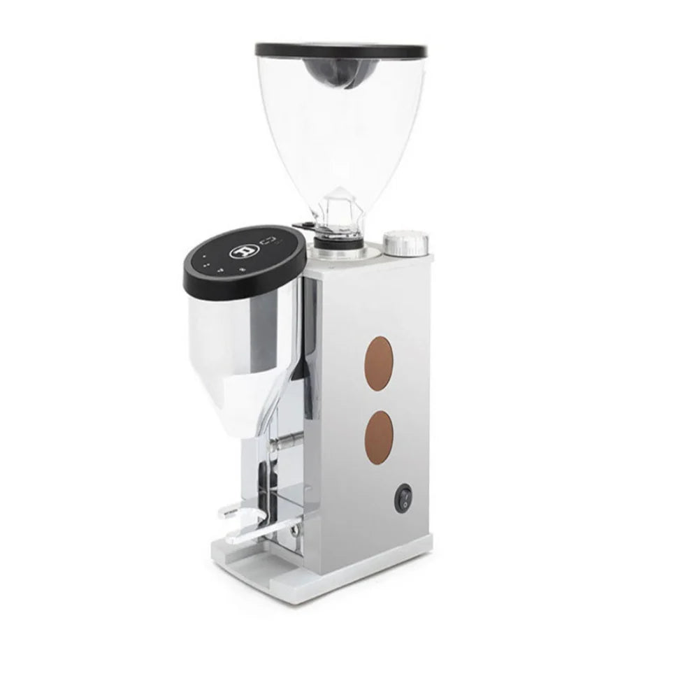Rocket Faustino 3.1 Chrome Copper White coffee grinder with clear bean container on a white background