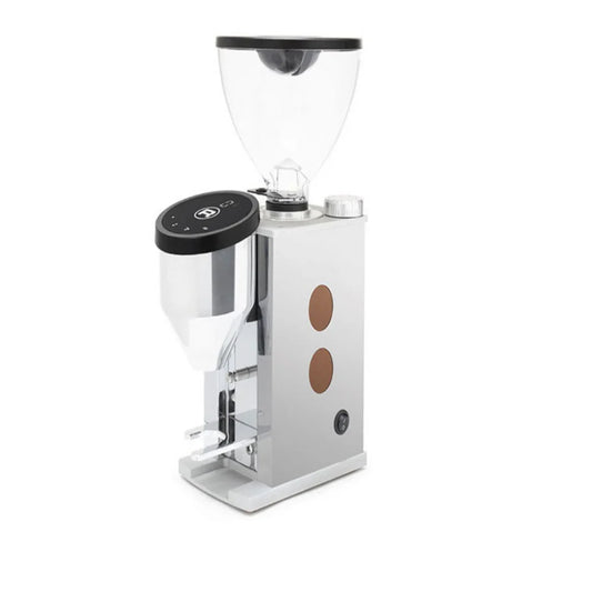 Rocket Faustino 3.1 Chrome Copper White coffee grinder with clear bean container on a white background
