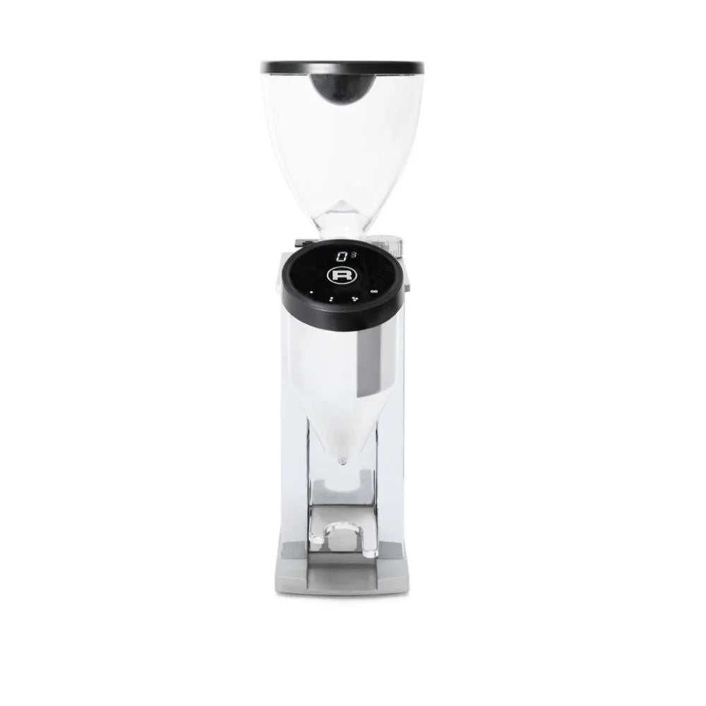 Rocket Faustino 3.1 Chrome Front Side of Coffee grinder with digital display on a white background