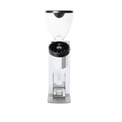 Rocket Faustino 3.1 Chrome Front Side of Coffee grinder with digital display on a white background