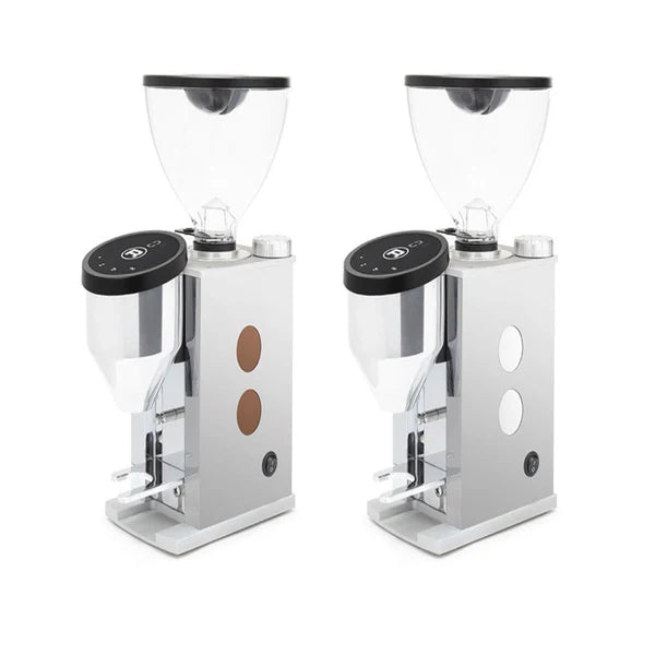 Two Rocket Faustino 3.1 Chrome Side coffee grinders with transparent containers on a white background