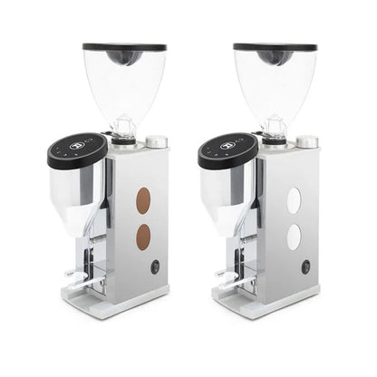Two Rocket Faustino 3.1 Chrome Side coffee grinders with transparent containers on a white background