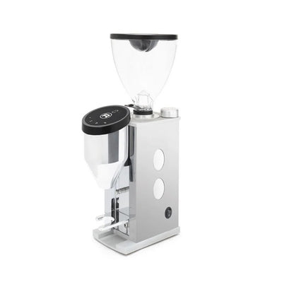 Rocket Faustino 3.1 Chrome White Coffee grinder with clear container on a white background